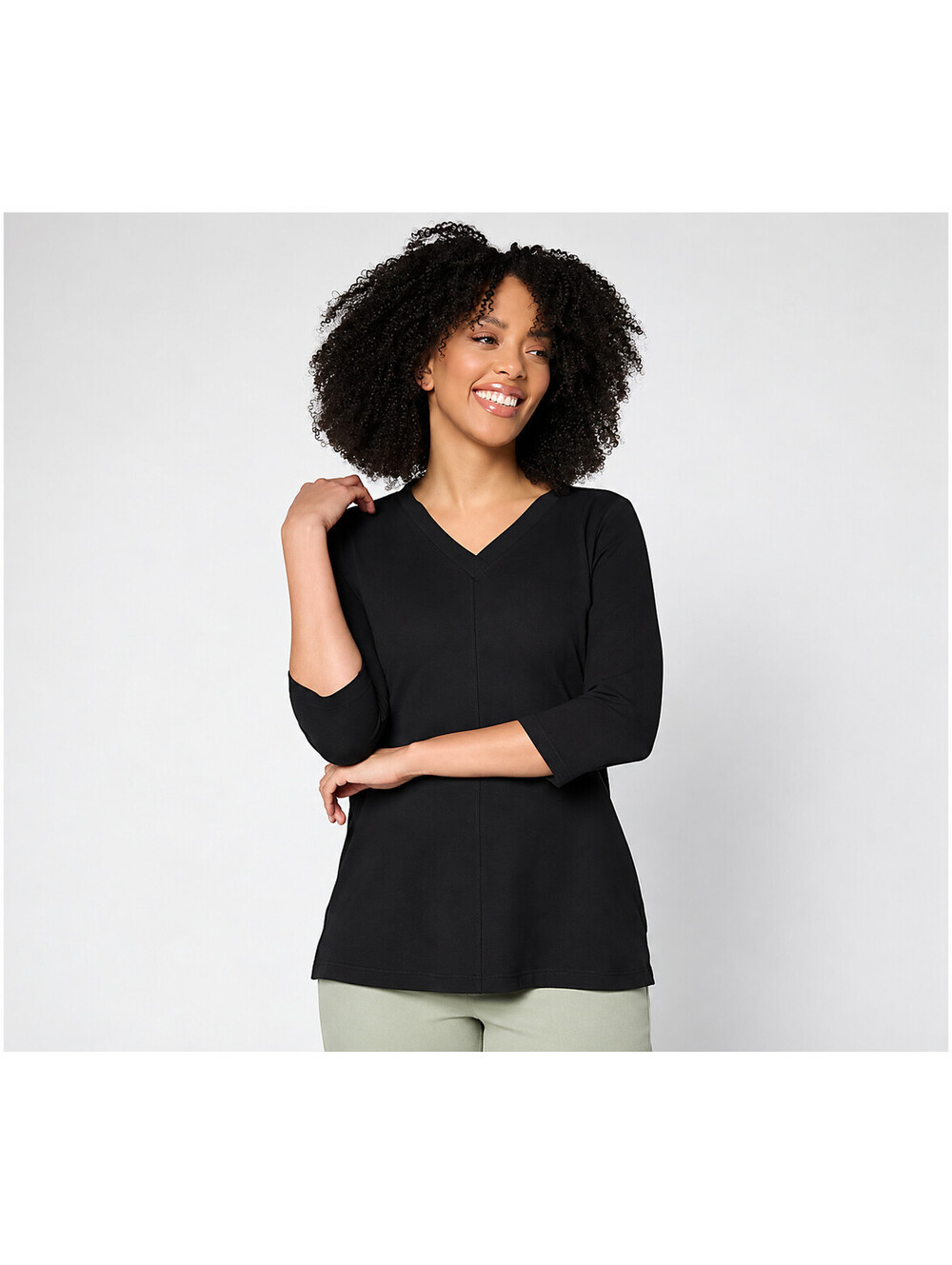 Belle by Kim Gravel TripleLuxe Linen V-Neck 3/4 Sleeve Top Black, Large